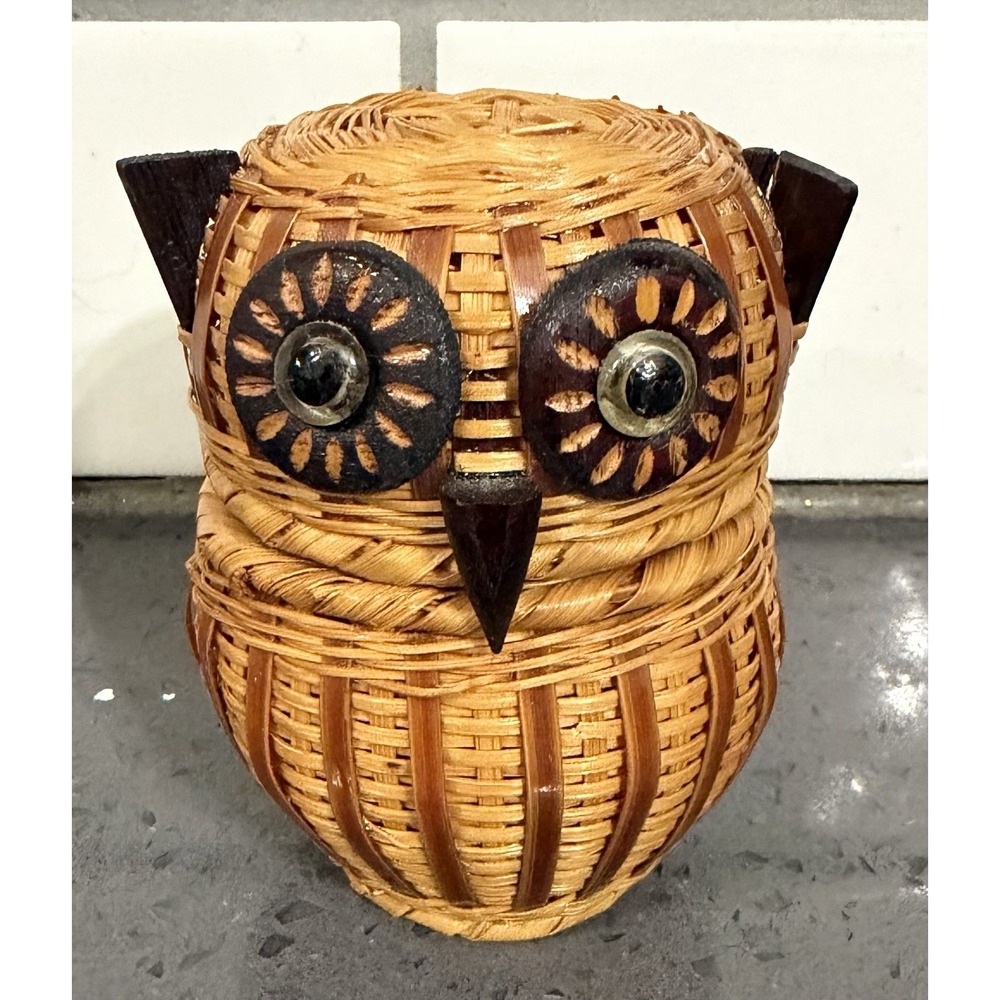Vtg‎ Wicker Owl Basket Trinket Box Opens Brown Basket w/Lid